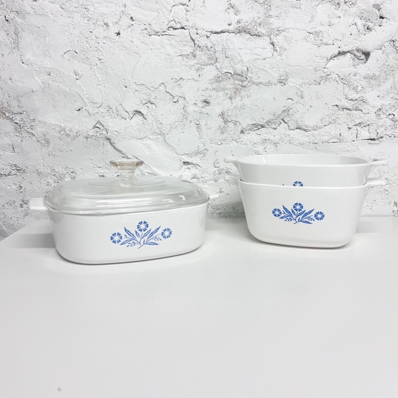 1970s Corning Ware Blue Cornflower set of x3, open casserole dishes x3 + x1 lid - Picture 3 of 7